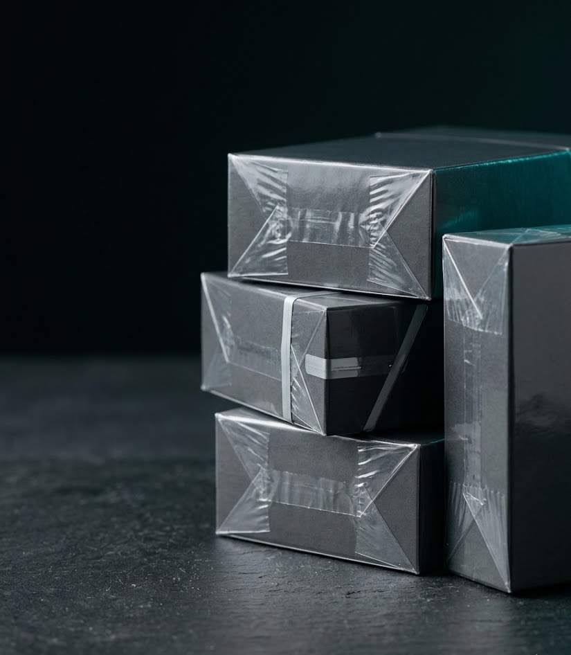 Close-up of sealed retail packaging with clear wrap